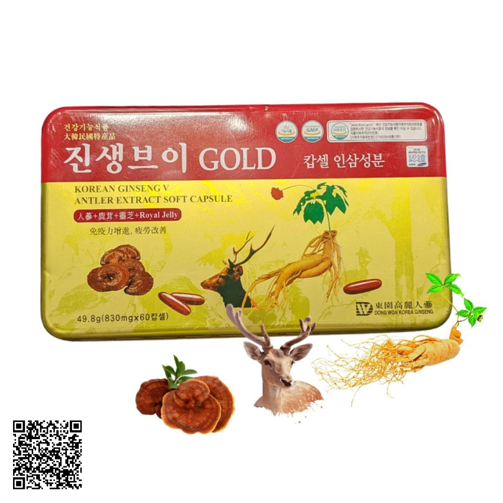 Viên Linh Chi Hồng Sâm Nhung Hươu Dongwon Korean Ginseng V Antler Extract Soft Capsule Gold 120 Viên