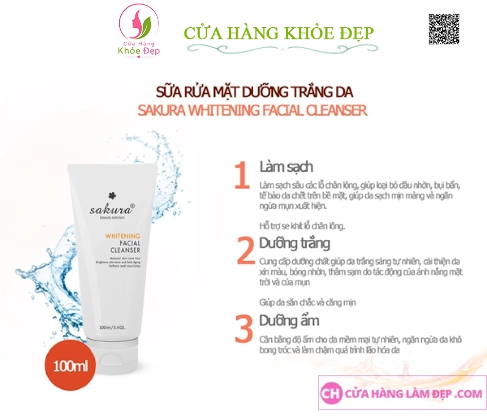 Sữa Rửa Mặt Dưỡng Trắng Da, Hỗ Trợ Ngừa Lão Hóa Sakura Whitening Facial Cleanser