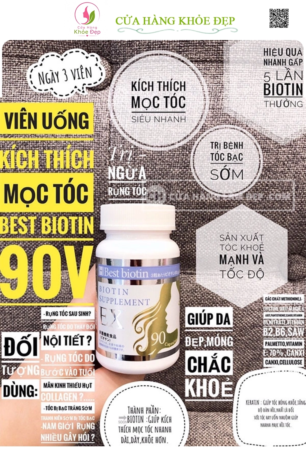 Viên Uống Mọc Tóc Best Biotin Supplement EX 90 Viên Nhật Bản