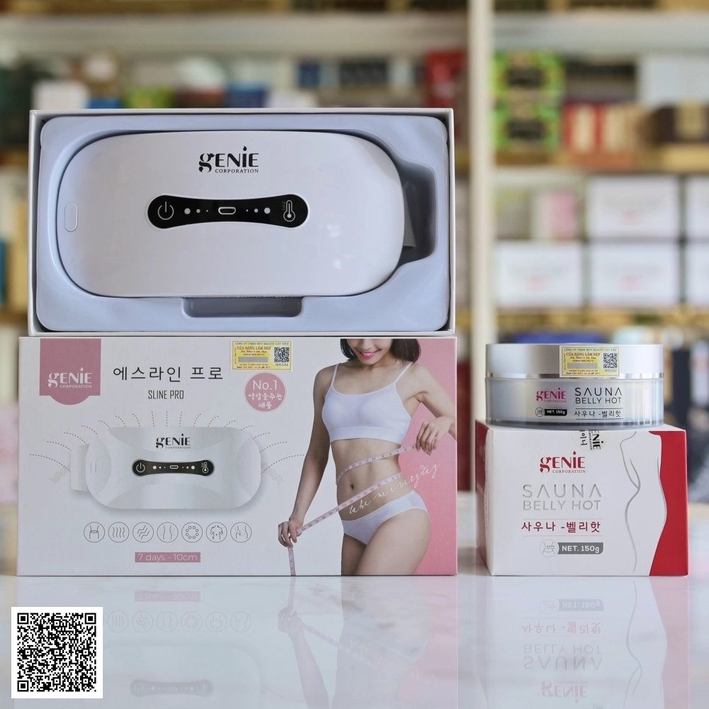 Combo Giảm Mỡ Bụng Tại Nhà Đai Massage Tan Mỡ Bụng Genie Sline Pro + Kem Tan Mỡ Genie Sauna Belly Hot Hàn Quốc