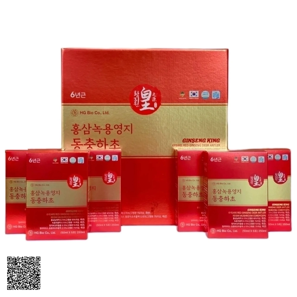 Nước Hồng Sâm Nhung Hươu Linh Chi Đông Trùng HG Bio Ginseng King 6 Years Red Ginseng Deer Antler Reishi Mushroom Cordyceps