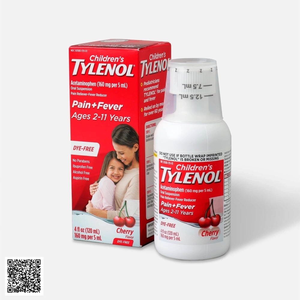Siro ,  Cho Trẻ 2-11 Tuổi Children’s Tylenol Pain Fever Vị Cherry Từ Mỹ 120ml
