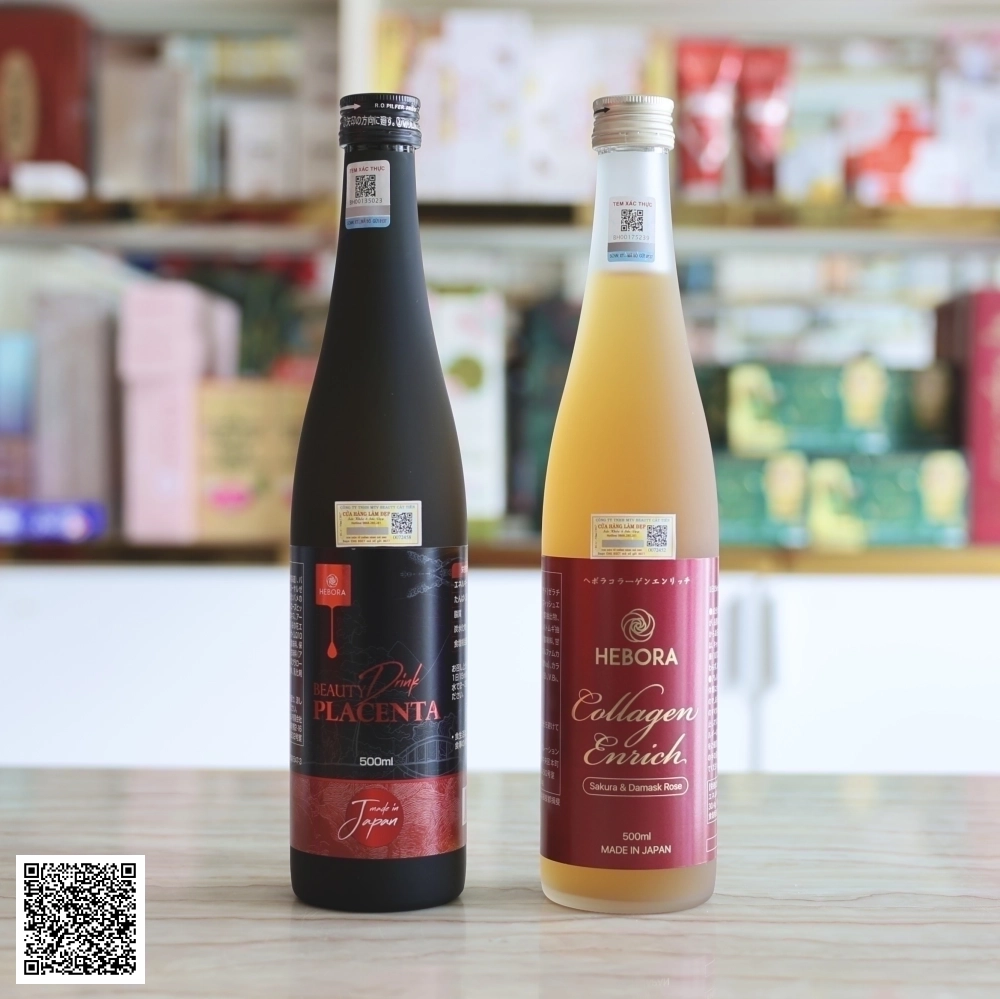 Bộ Hebora Nước Uống Nhau Thai Beauty Drink Placenta & Nước Uống Collagen Enrich  Phục Hồi, Trẻ Hoá, Bảo Vệ Từ Cấp Độ Tế Bào Từ Nhật Bản 2 Chai 500ml