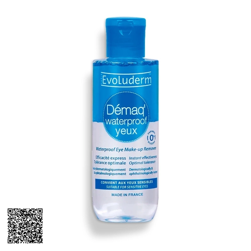 Nước Tẩy Trang Evoluderm Demaq Waterproof Yeux Mắt Môi Tác Động Kép 150ml từ Pháp (Loại mới 2 lớp tẩy siêu sạch + mềm da)