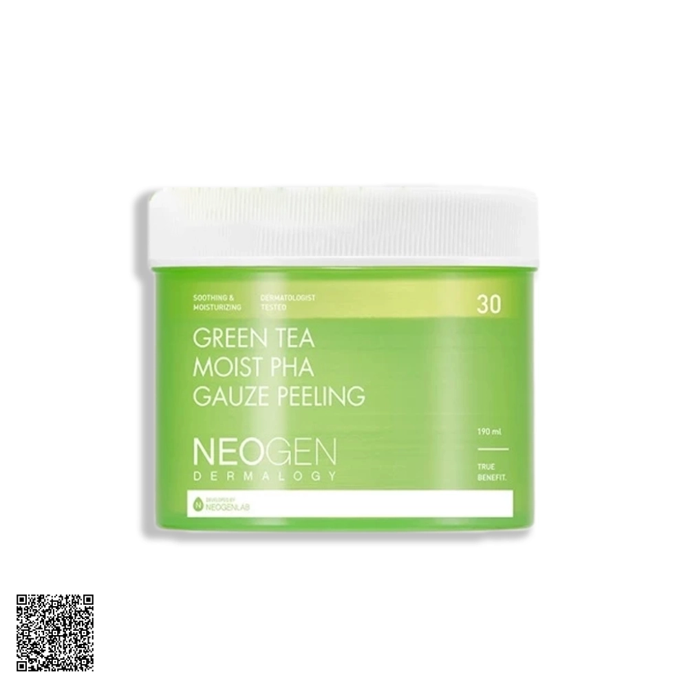 Toner Pad Neogen Dermalogy Green Tea Moist PHA Gauze Peeling Tẩy Tế Bào Chết Trà Xanh Làm Dịu và Phục Hồi Da Dầu Mụn 30 Miếng từ Hàn Quốc