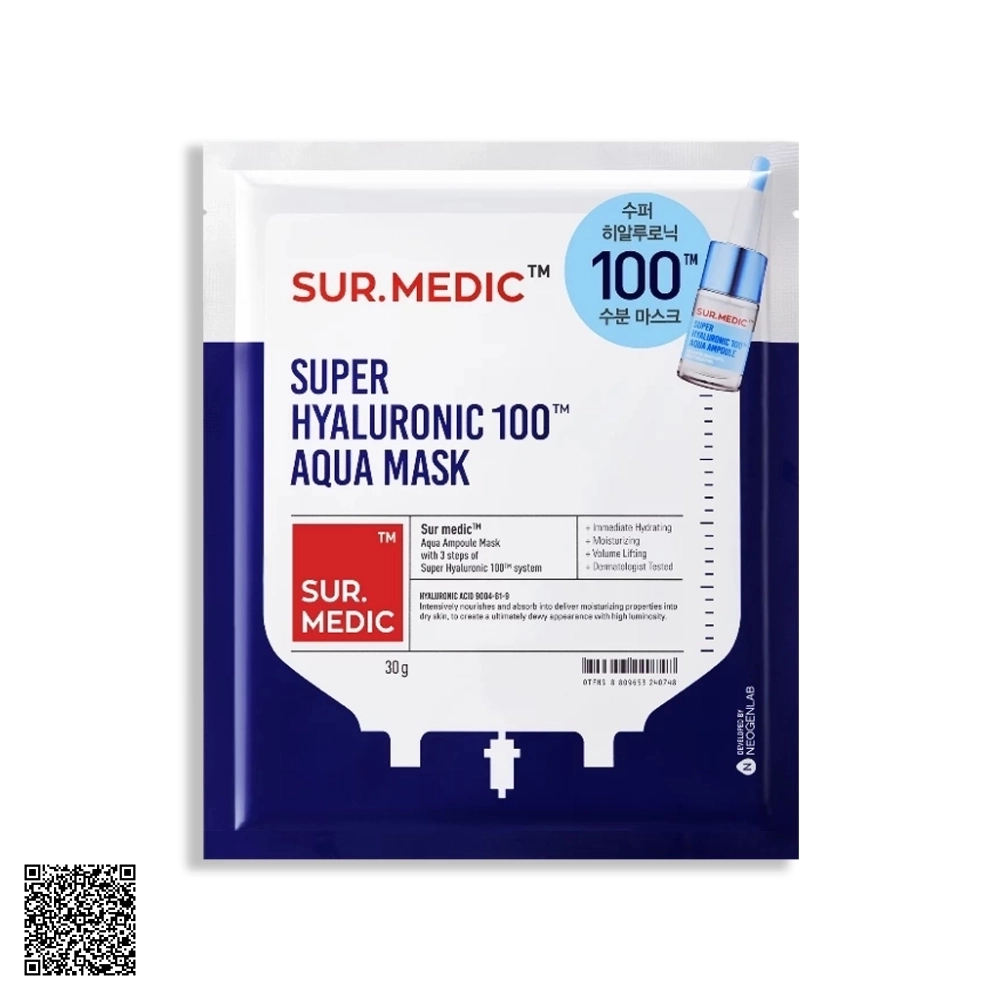 Mặt Nạ SUR.MEDIC Super Hyaluronic 100TM Aqua Mask Hỗ Trợ Cấp Nước Chuyên Sâu 30g/miếng hộp 10 miếng từ Hàn Quốc